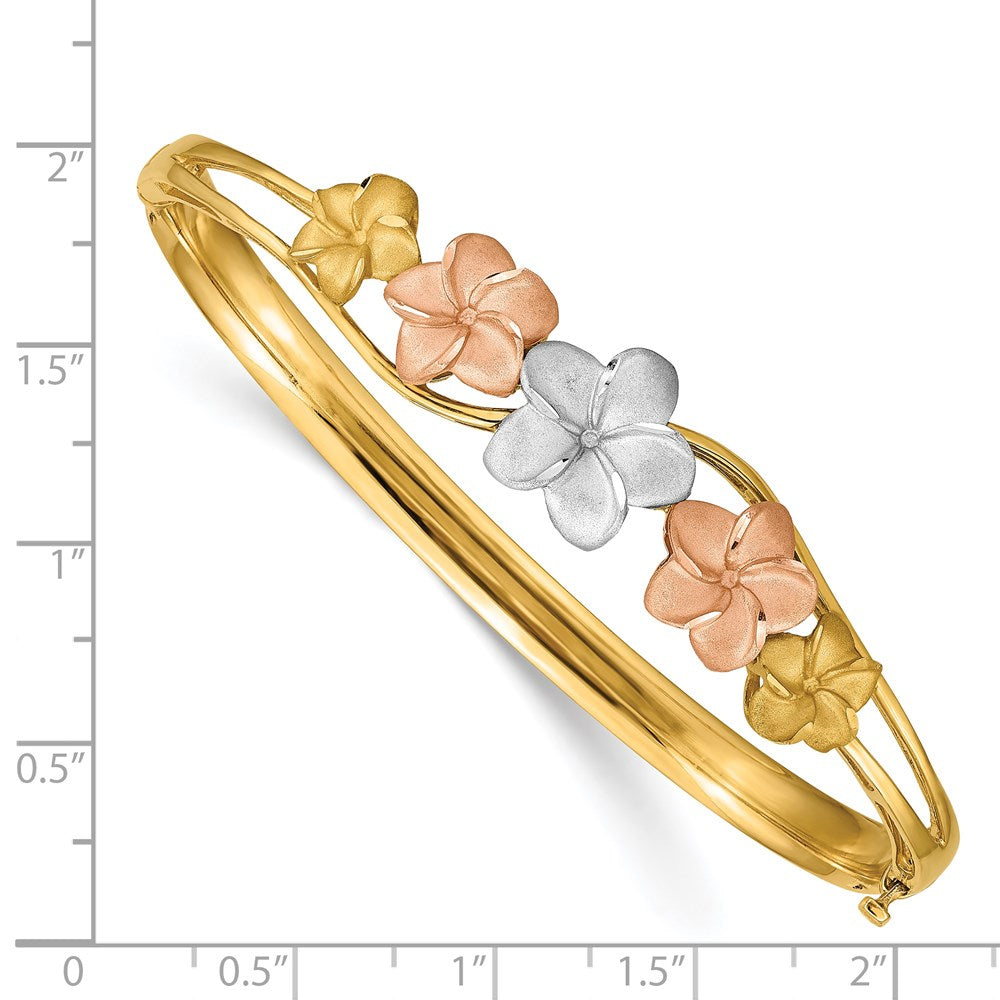14k Tri-Color 3.5 to 11 mm Plumeria Hinged Bangle (10.03 grams)