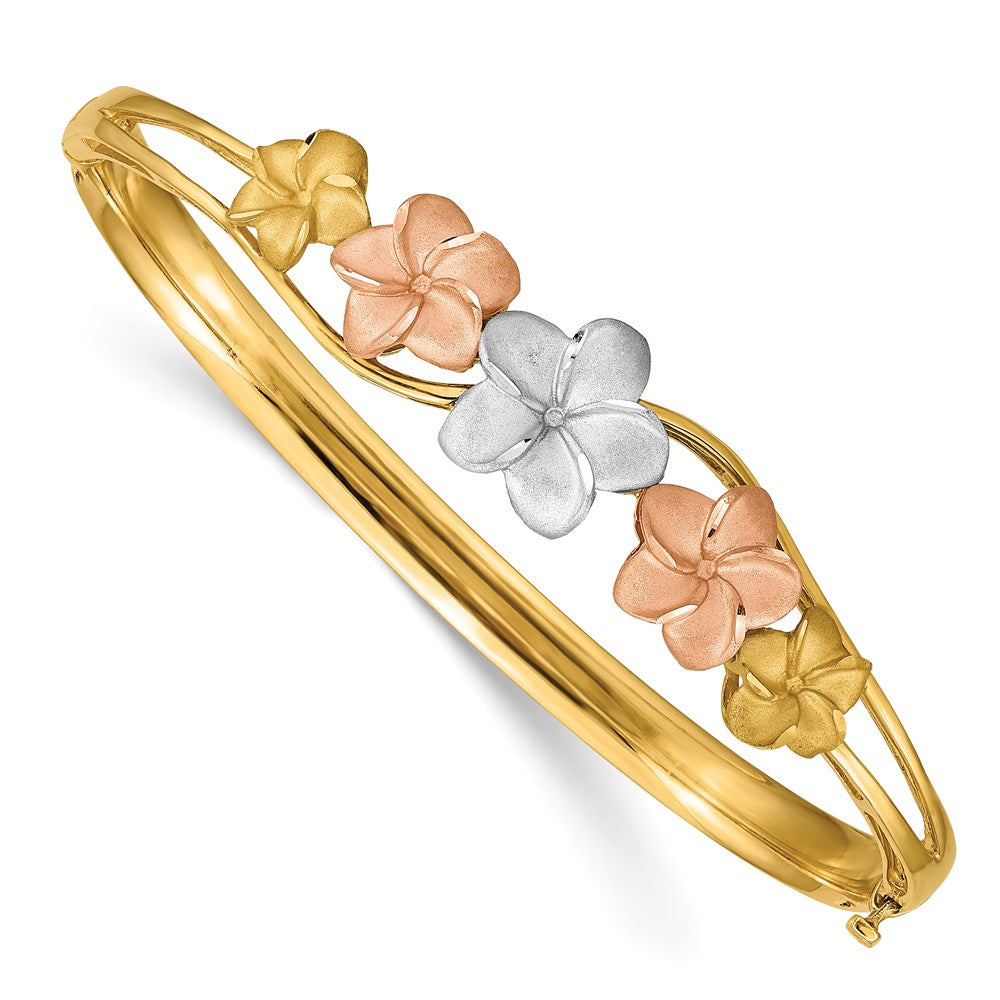 14k Tri-Color 3.5 to 11 mm Plumeria Hinged Bangle (10.03 grams)