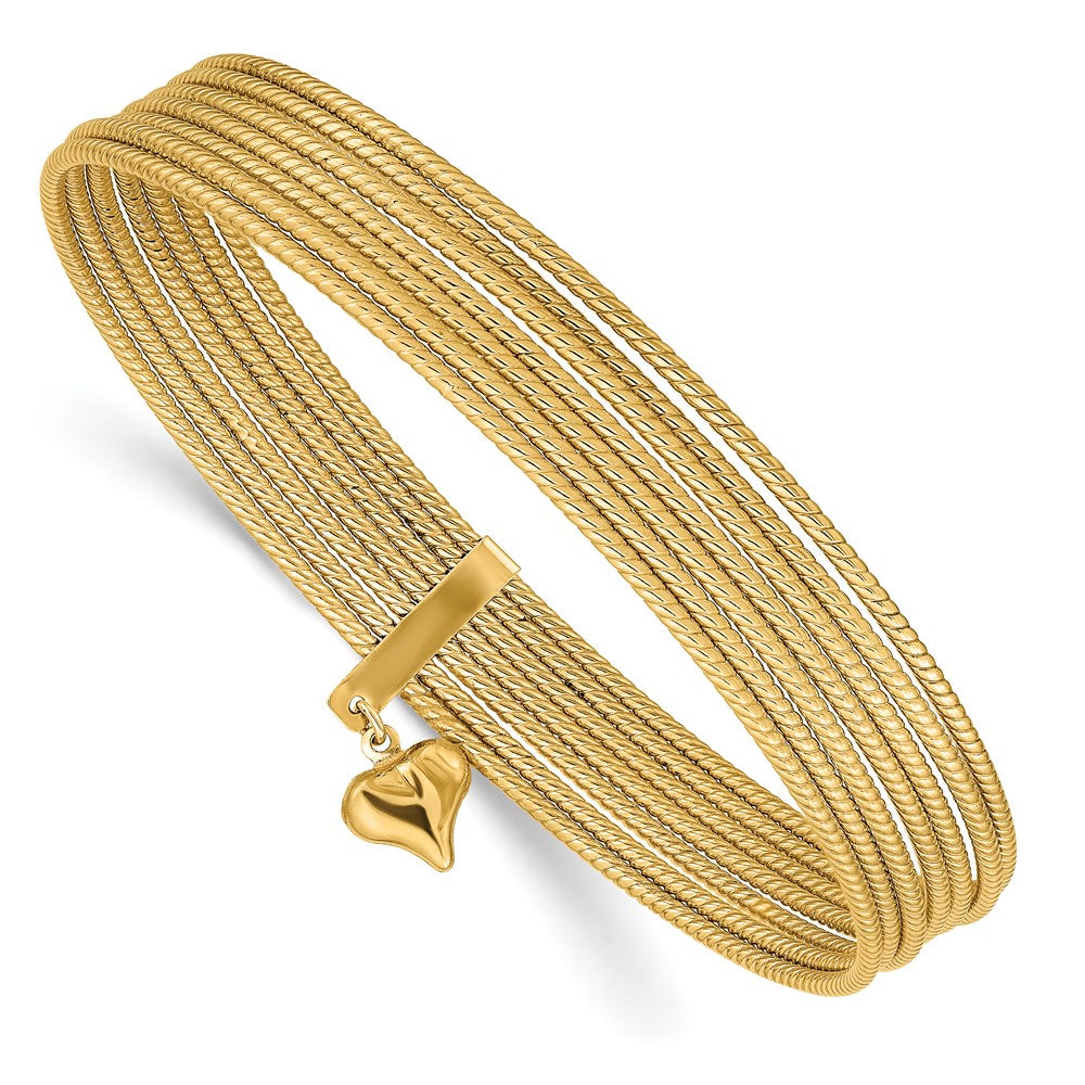 14K Oversize Polished and Textured with Dangle Heart 7-Strand 11.00mm Slip-on Round Bangle Bracelet (12.61 grams)