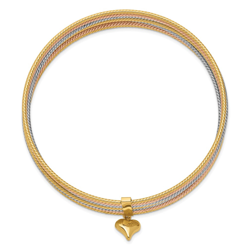14k Tri-Color 11 mm w/ Dangle Heart Oversized Set of 7 Textured Slip-on Bangles (12.59 grams)