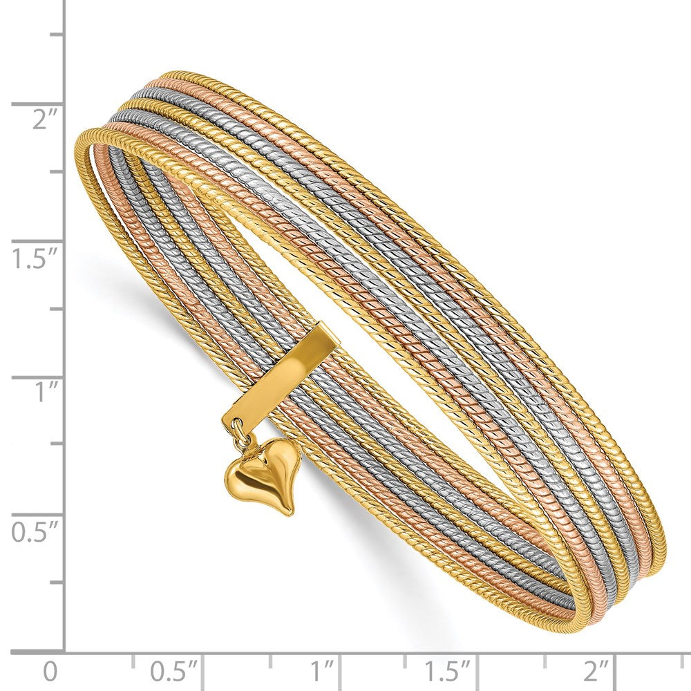 14k Tri-Color 11 mm w/ Dangle Heart Oversized Set of 7 Textured Slip-on Bangles (12.59 grams)