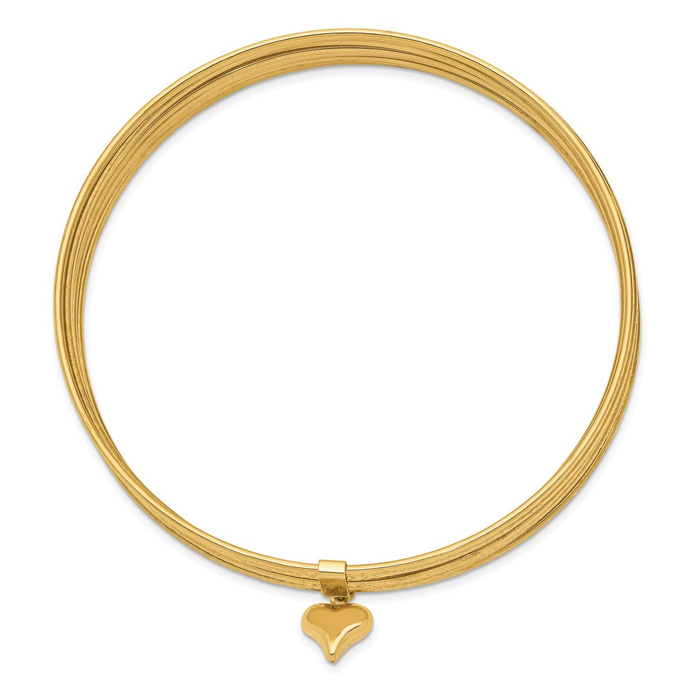 14k Yellow Gold 11 mm Oversized w/ Dangle Heart Set of 7 Slip-on Textured Bangles (11.03 grams)