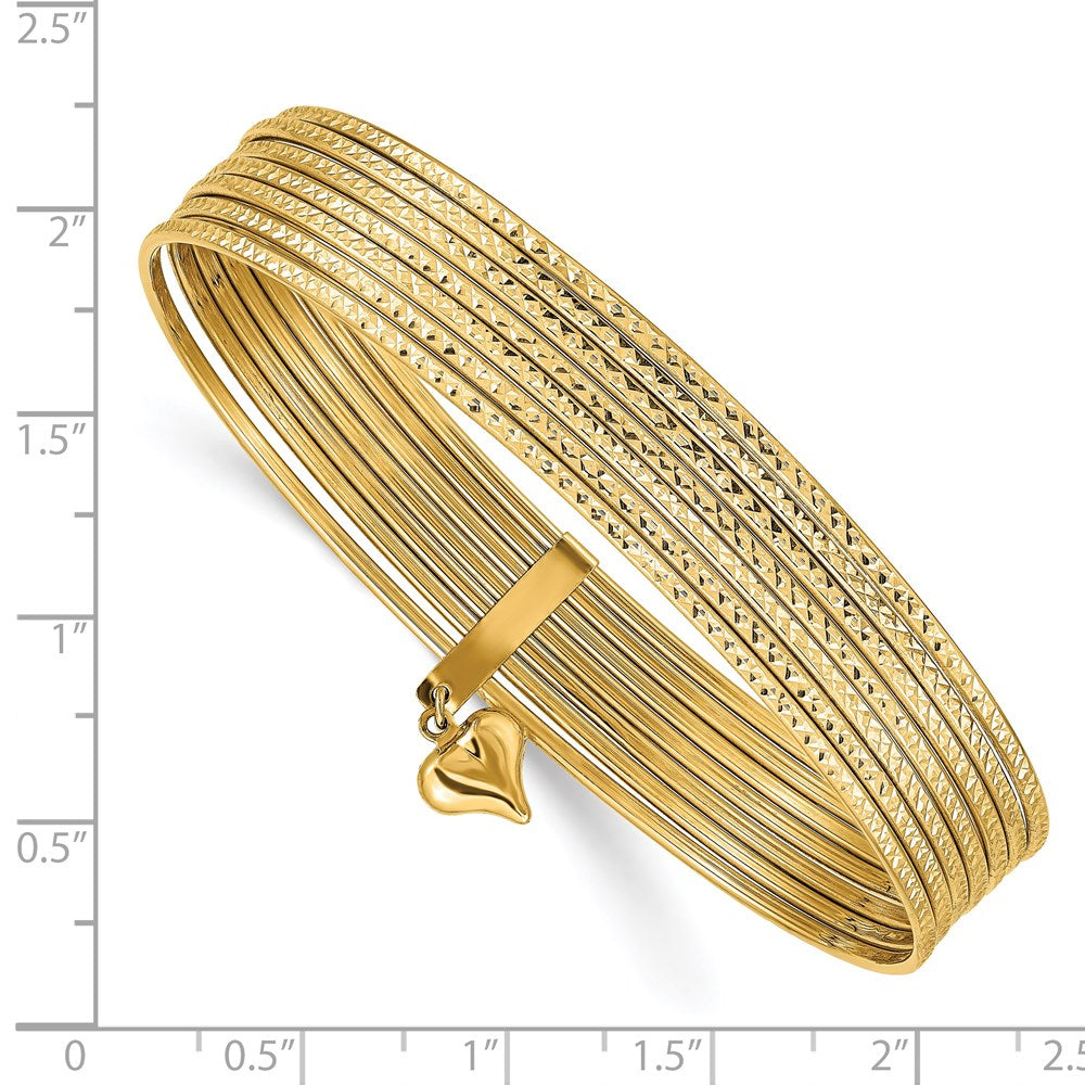 14k Yellow Gold 11 mm w/ Dangle Heart Set of 7 Slip-on Textured Bangles (10.28 grams)