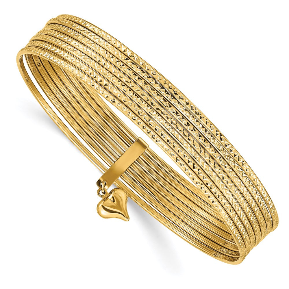 14k Yellow Gold 11 mm w/ Dangle Heart Set of 7 Slip-on Textured Bangles (10.28 grams)