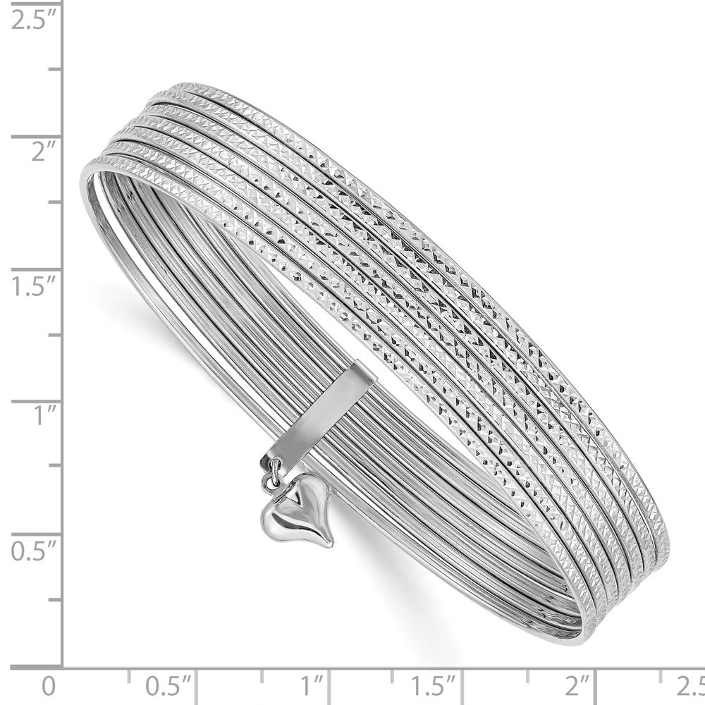 14K Oversize White Gold Polished and Textured with Dangle Heart 7-Strand 11.00mm Slip-on Round Bangle Bracelet (11.03 grams)