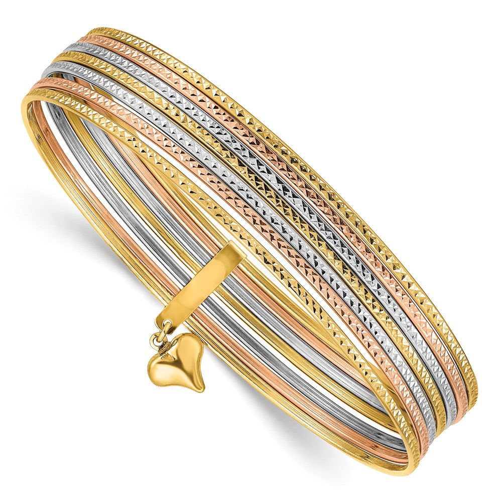 14K Oversize Tri-color Polished and Textured with Dangle Heart 7-Strand 11.00mm Slip-on Round Bangle Bracelet (11.1 grams)