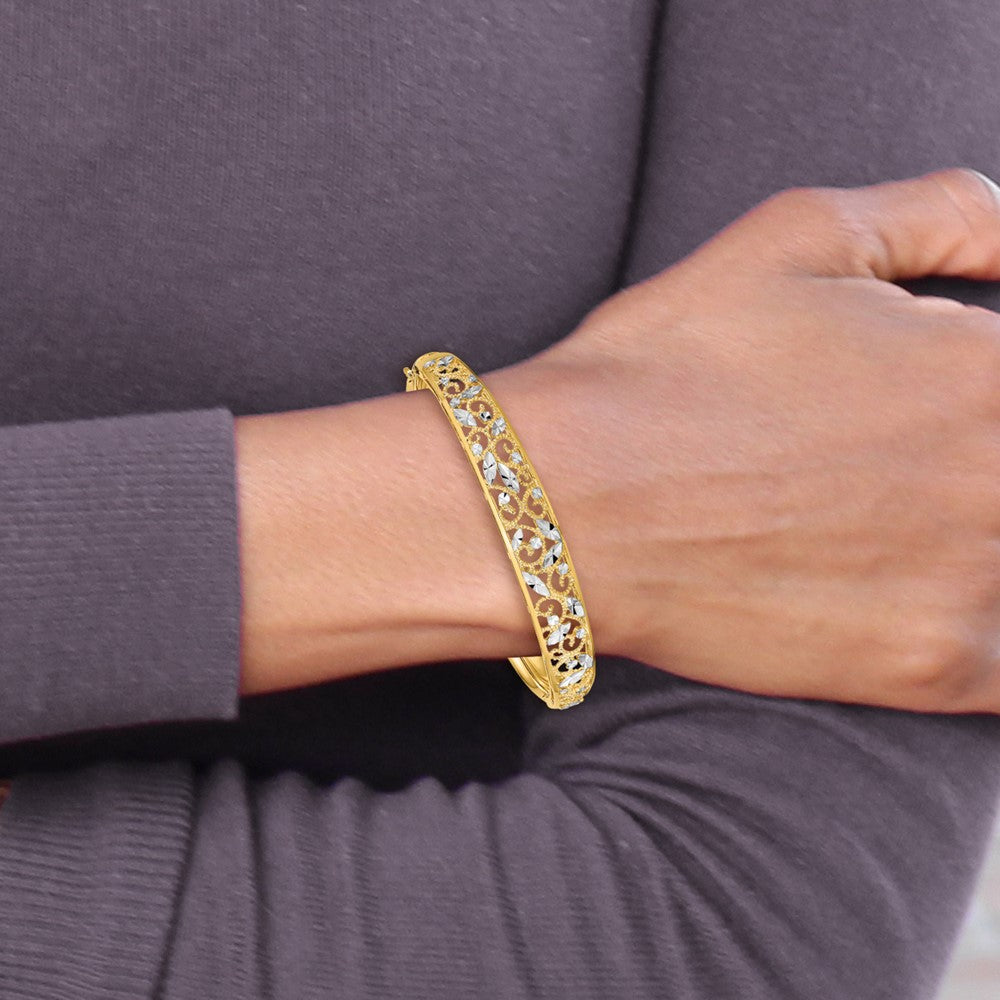 14k Yellow & Rhodium 9 mm Diamond-cut Graduated Hinged Bangle Bracelet (11.3 grams)