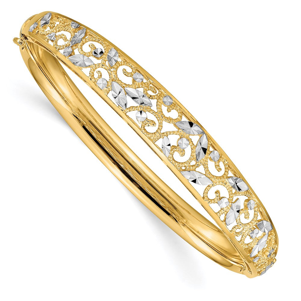 14k Yellow & Rhodium 9 mm Diamond-cut Graduated Hinged Bangle Bracelet (11.3 grams)