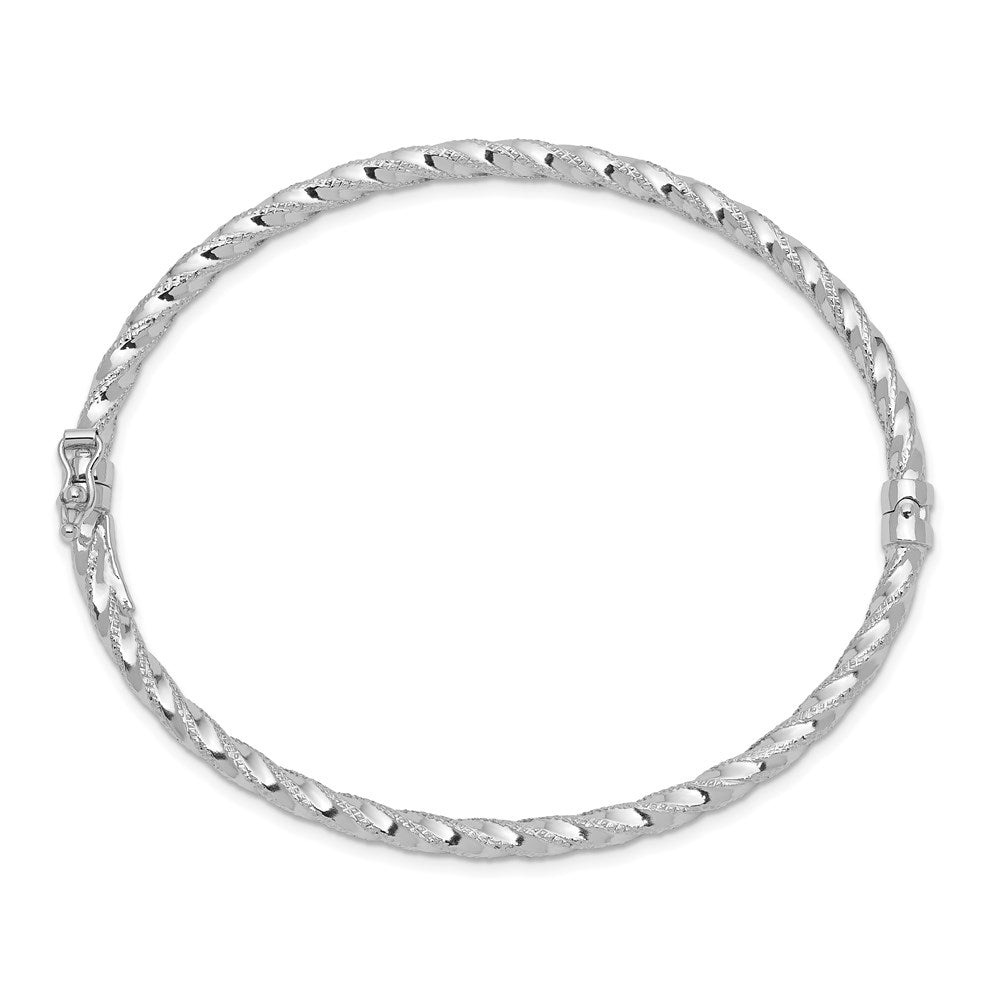 14k White Gold 3 mm WG Polished Textured Hinged Bangle Bracelet (4.24 grams)