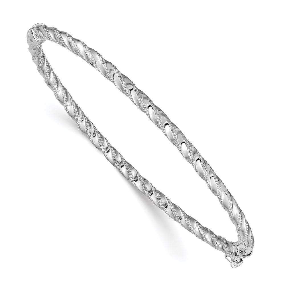14k White Gold 3 mm WG Polished Textured Hinged Bangle Bracelet (4.24 grams)