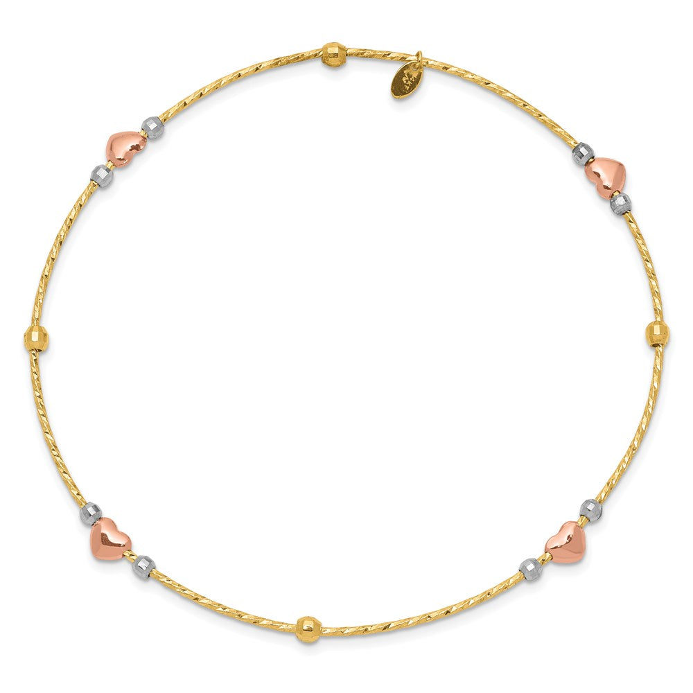 14k Tri-Color 1 mm Heart Diamond-cut Slip-on Bangle (1.86 grams)
