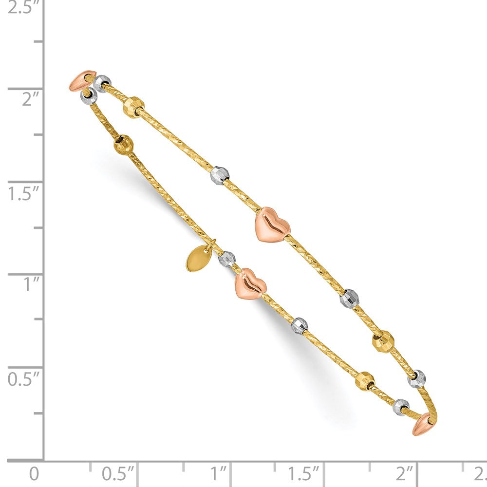 14k Tri-Color 1 mm Heart Diamond-cut Slip-on Bangle (1.86 grams)