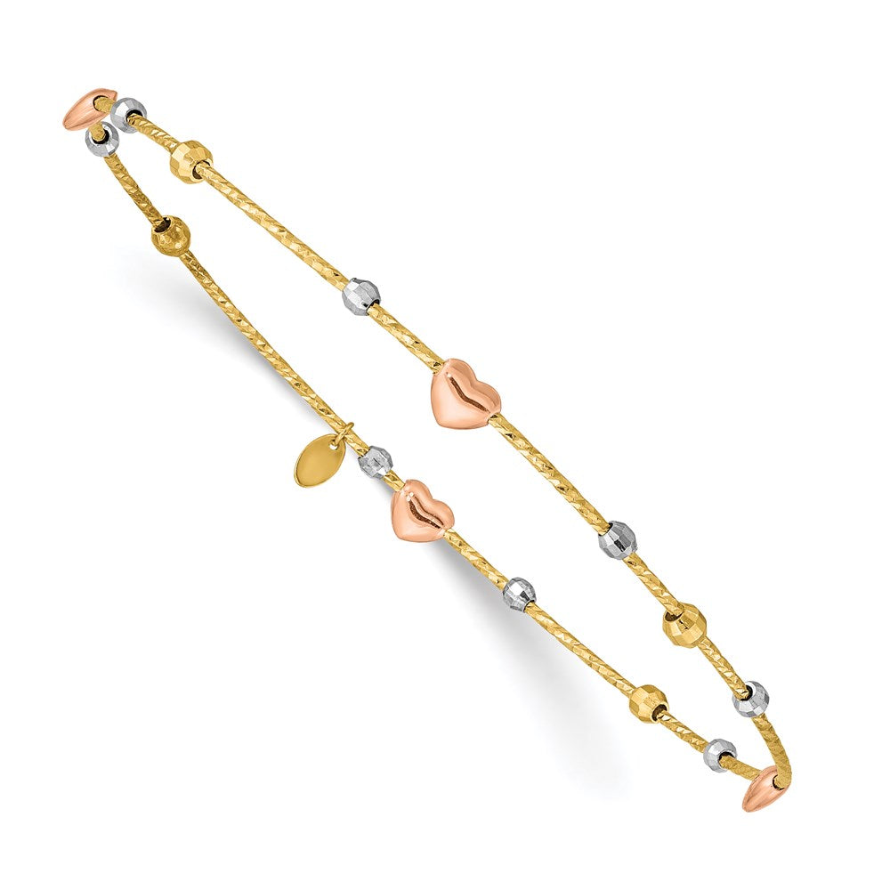 14k Tri-Color 1 mm Heart Diamond-cut Slip-on Bangle (1.86 grams)