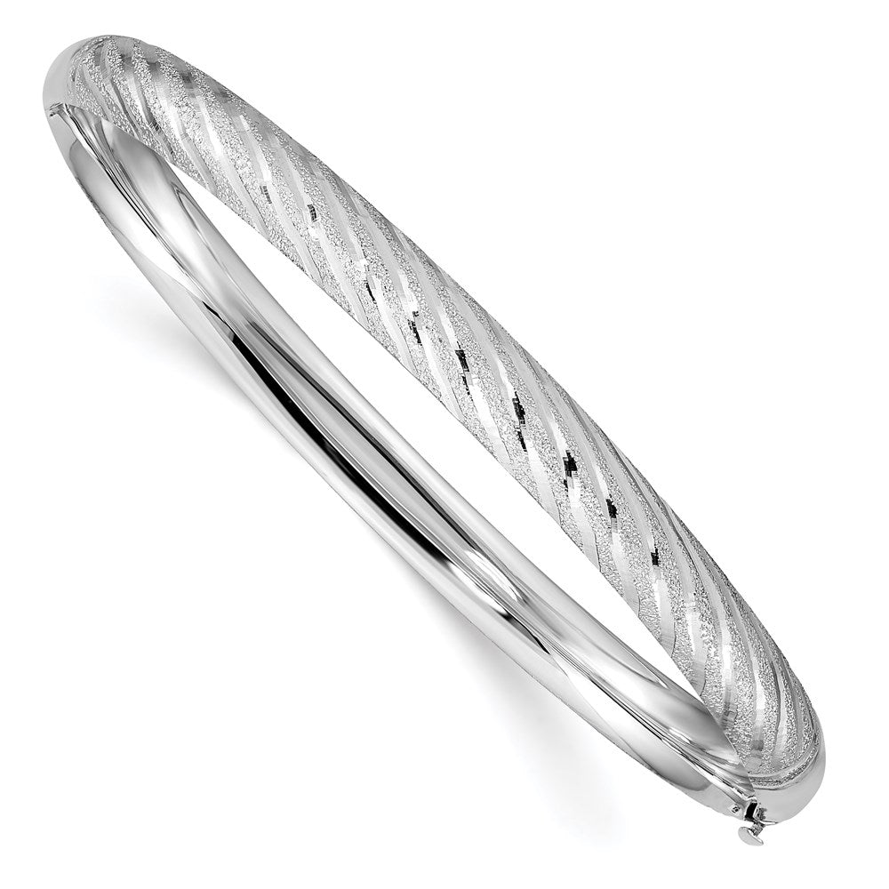 14k White Gold 6.2 mm Textured Diamond-cut Twisted Hinged Bangle (6.95 grams)