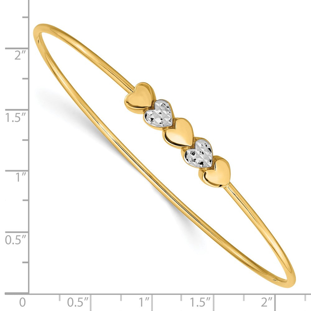 14k Yellow & Rhodium 5.7 mm Polished D/C Hearts Slip On Bangle (2.97 grams)