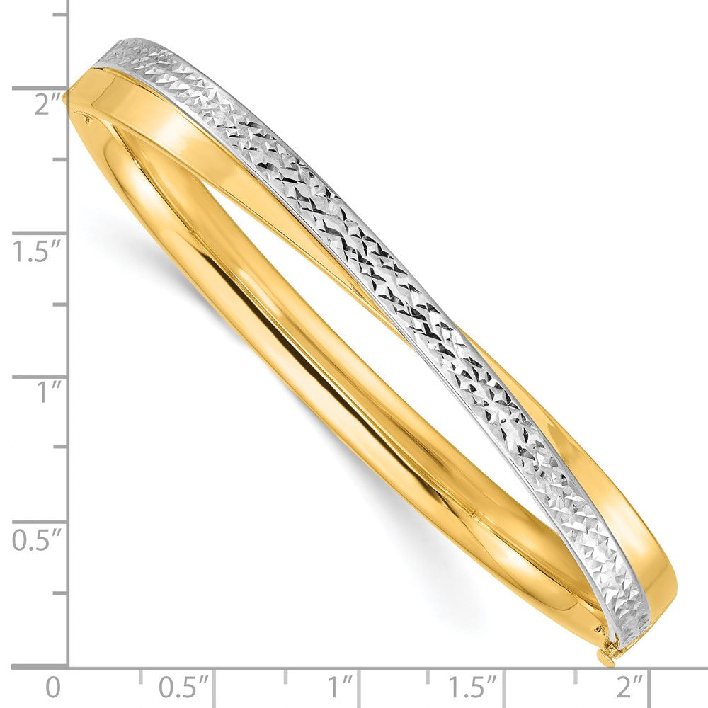 14k Yellow & Rhodium 7.4 mm Diamond-cut Bypass Hinged Bangle (8.61 grams)