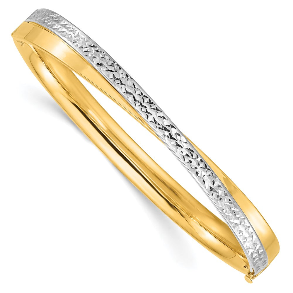 14k Yellow & Rhodium 7.4 mm Diamond-cut Bypass Hinged Bangle (8.61 grams)