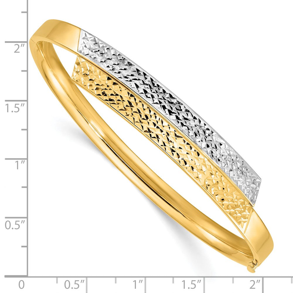 14k Yellow & Rhodium 10 mm Diamond-cut Overlap Hinged Bangle (7.96 grams)