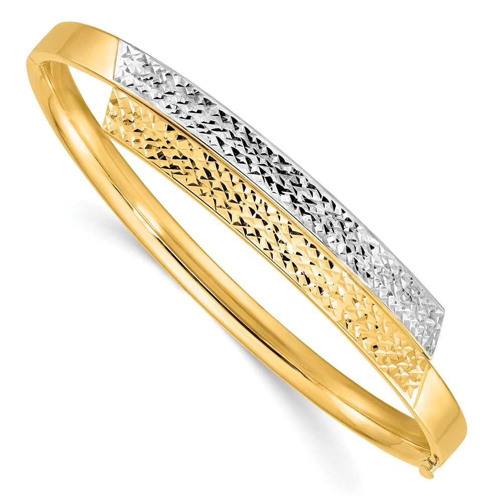14k Yellow & Rhodium 10 mm Diamond-cut Overlap Hinged Bangle (7.96 grams)