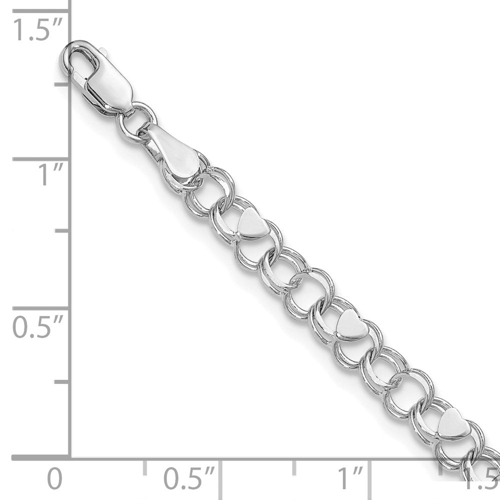 14k White Gold 4 mm Double Link Heart Charm Bracelet (3.48 grams)