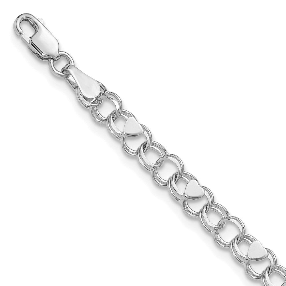 14k White Gold 4 mm Double Link Heart Charm Bracelet (3.48 grams)