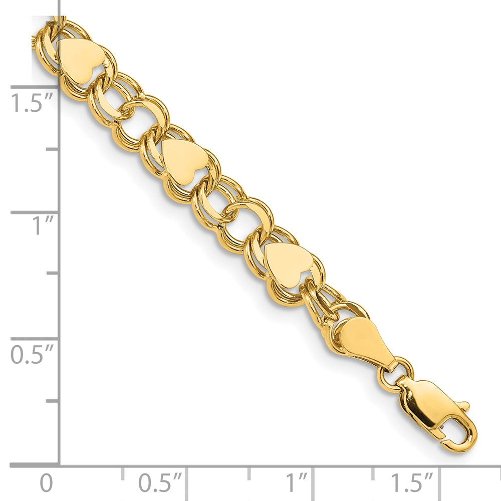14k 7mm Solid Double Link with Hearts 8 inch Charm Bracelet (9.21 grams)