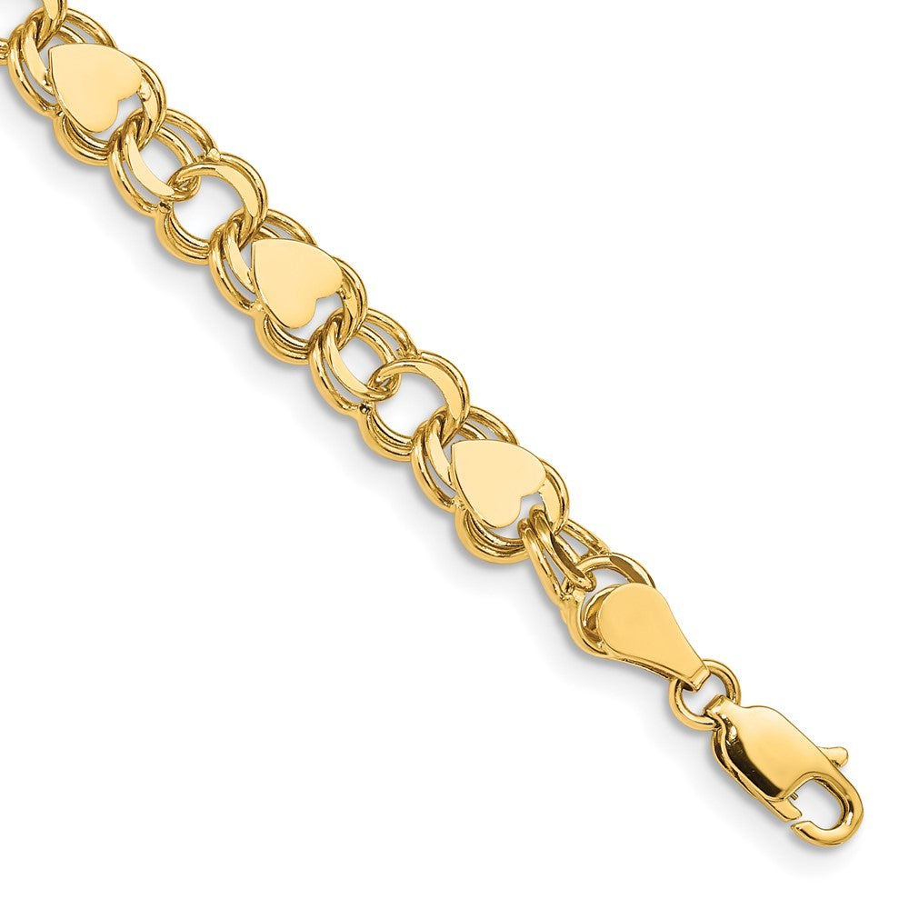 14k 7mm Solid Double Link with Hearts 7 inch Charm Bracelet (8.14 grams)