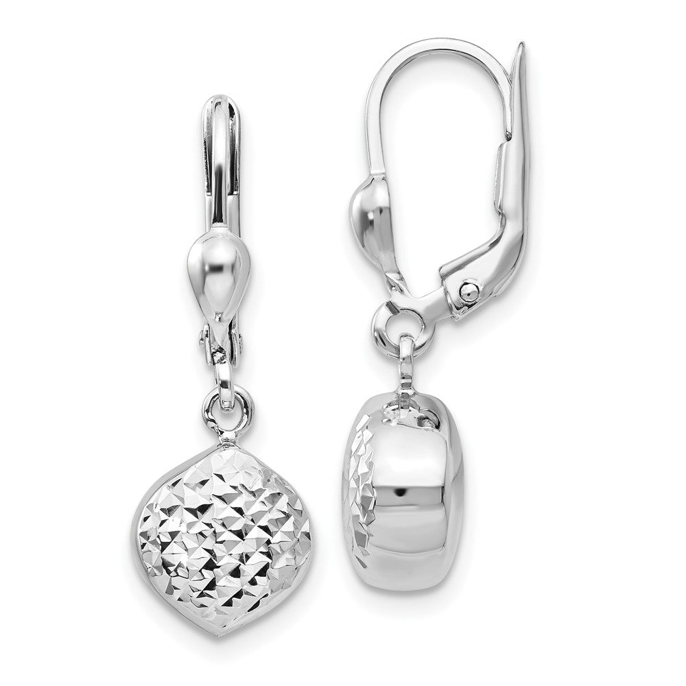 14k White Gold 9 mm Polished Diamond-Cut Dangle Leverback Earrings (2.23 grams)