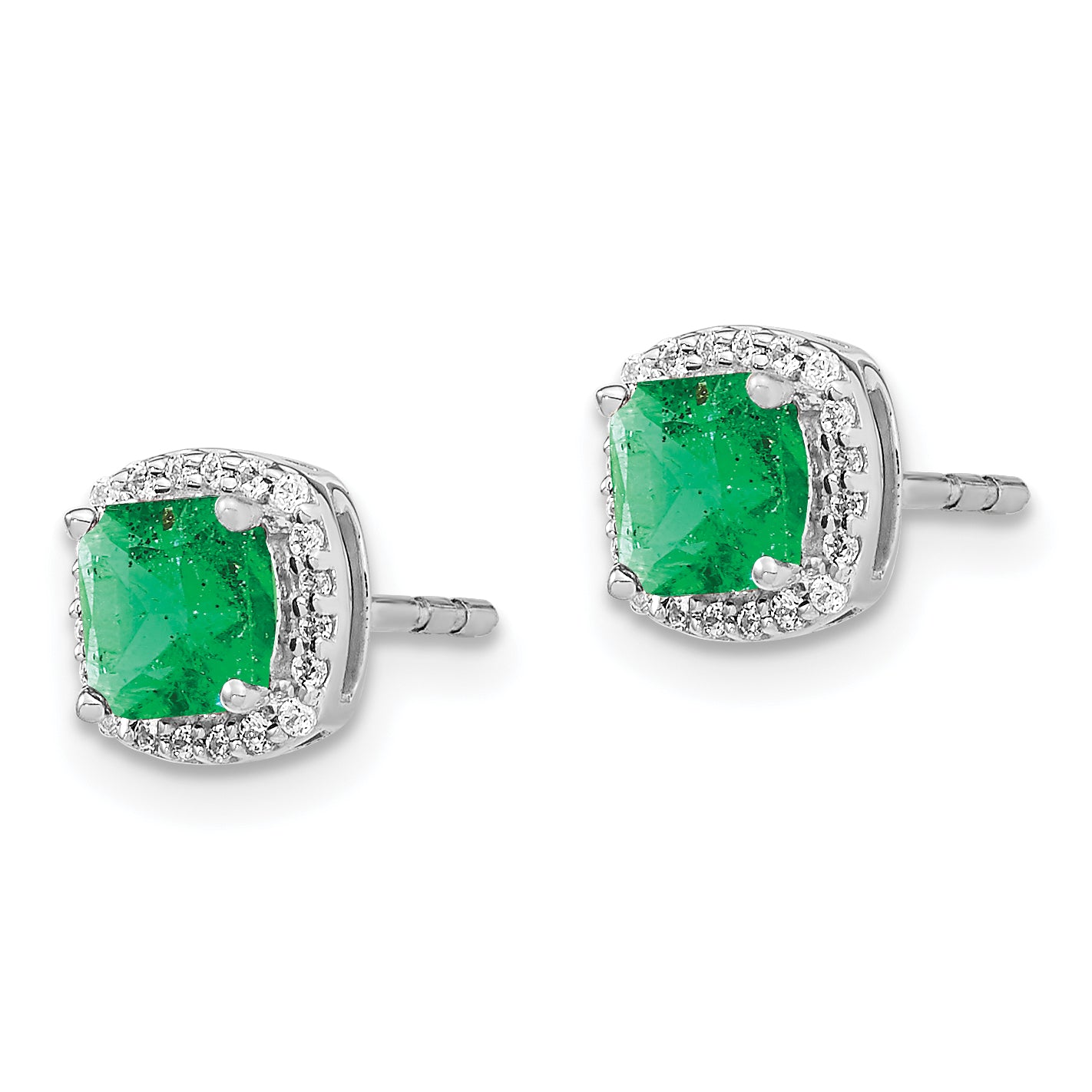 14k White Gold Cushion Emerald and Diamond Halo Earrings (1.6 grams)