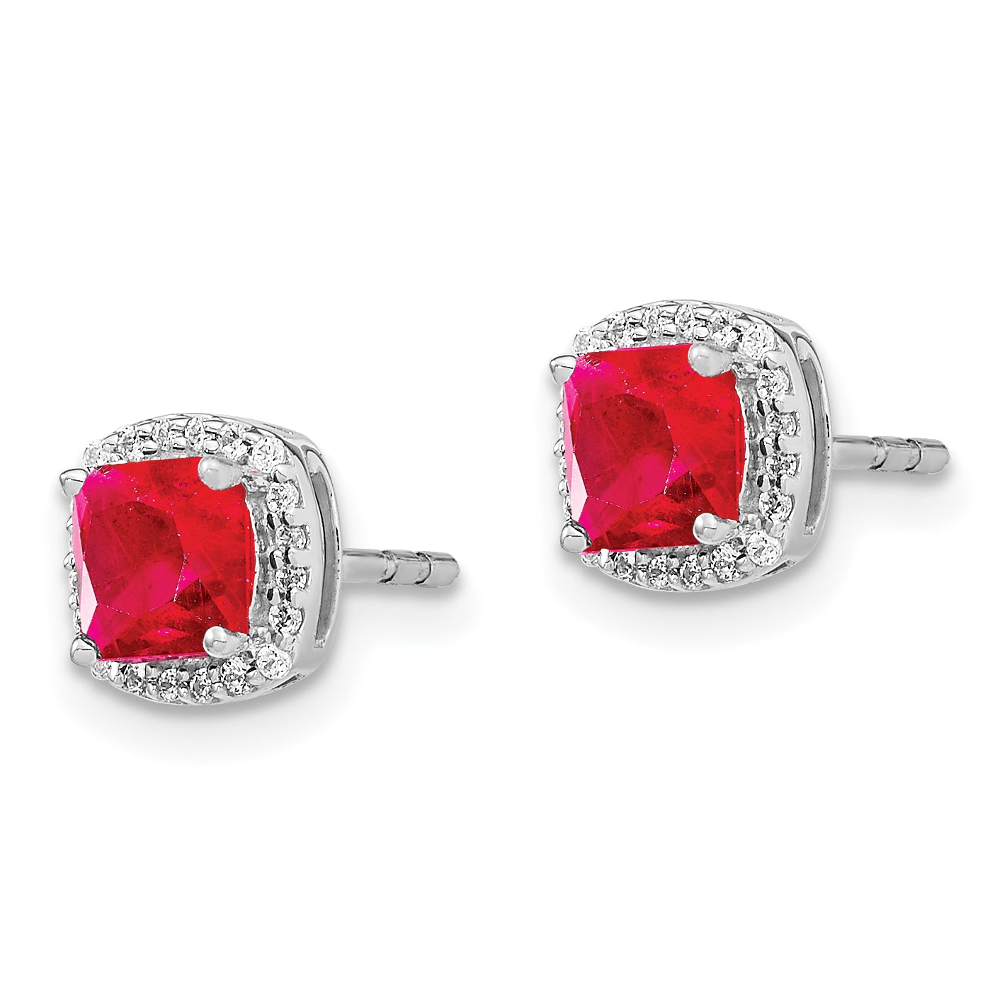 14k White Gold Cushion Ruby and Diamond Halo Earrings (1.6 grams)