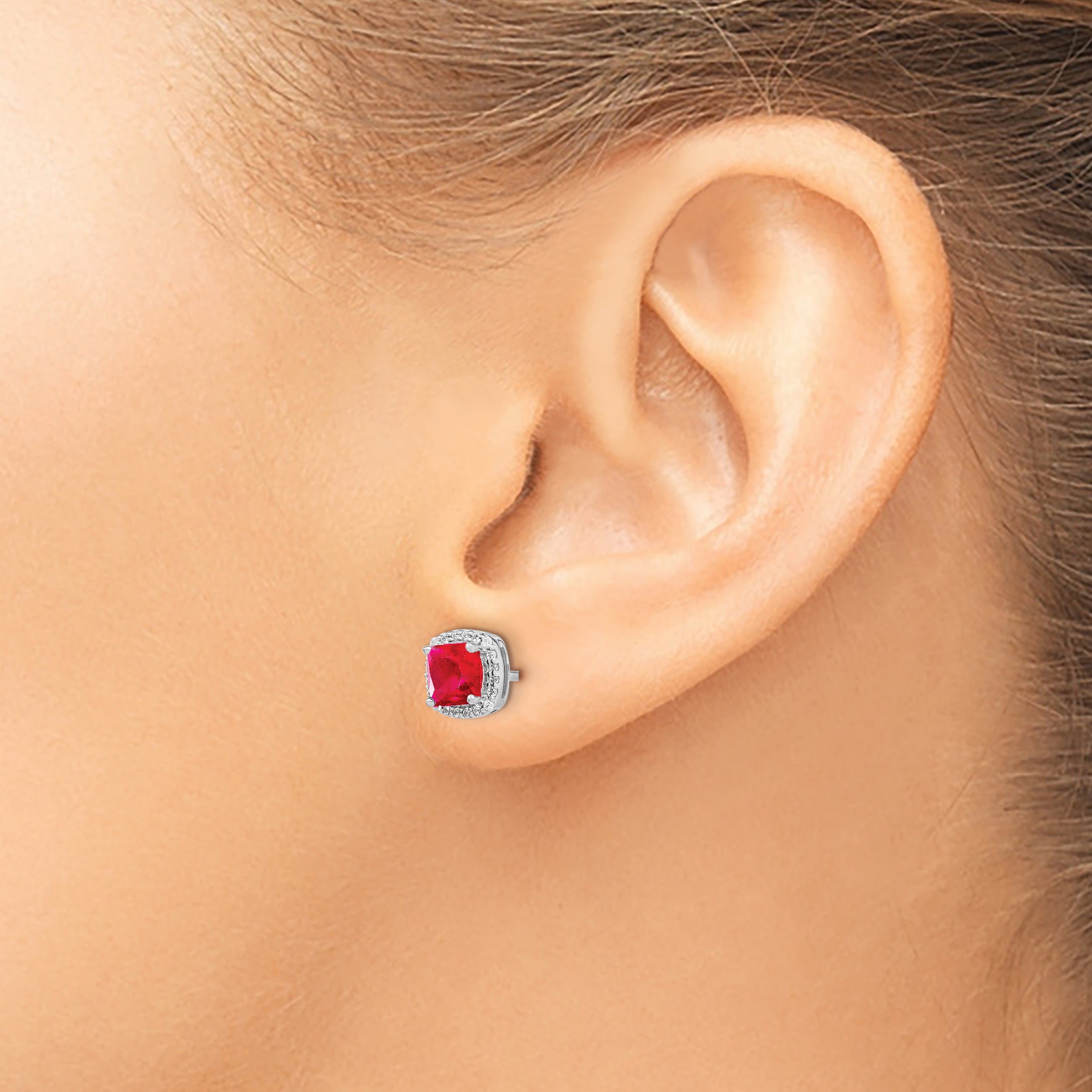 14k White Gold Cushion Ruby and Diamond Halo Earrings (1.6 grams)