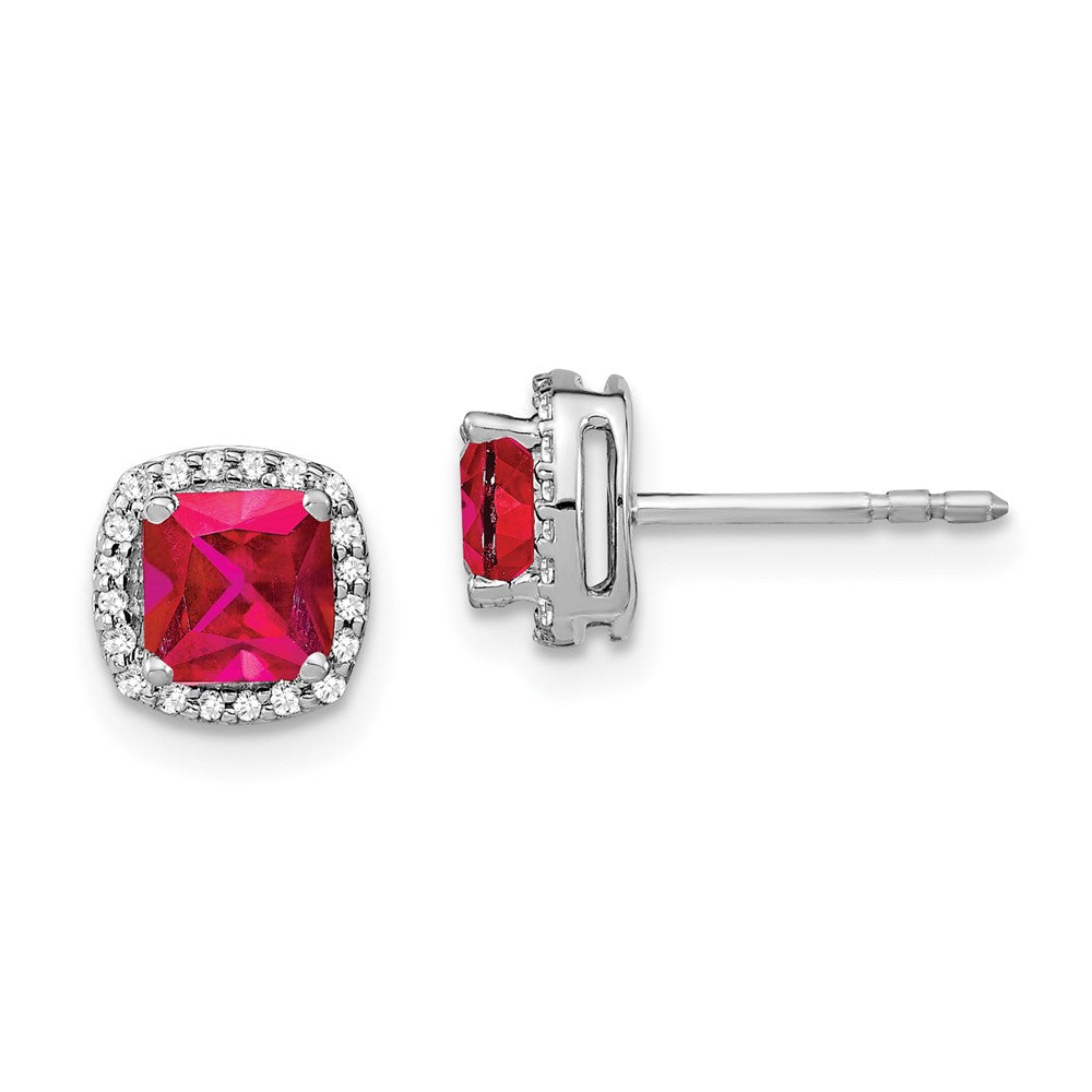 14k White Gold Cushion Ruby and Diamond Halo Earrings (1.6 grams)