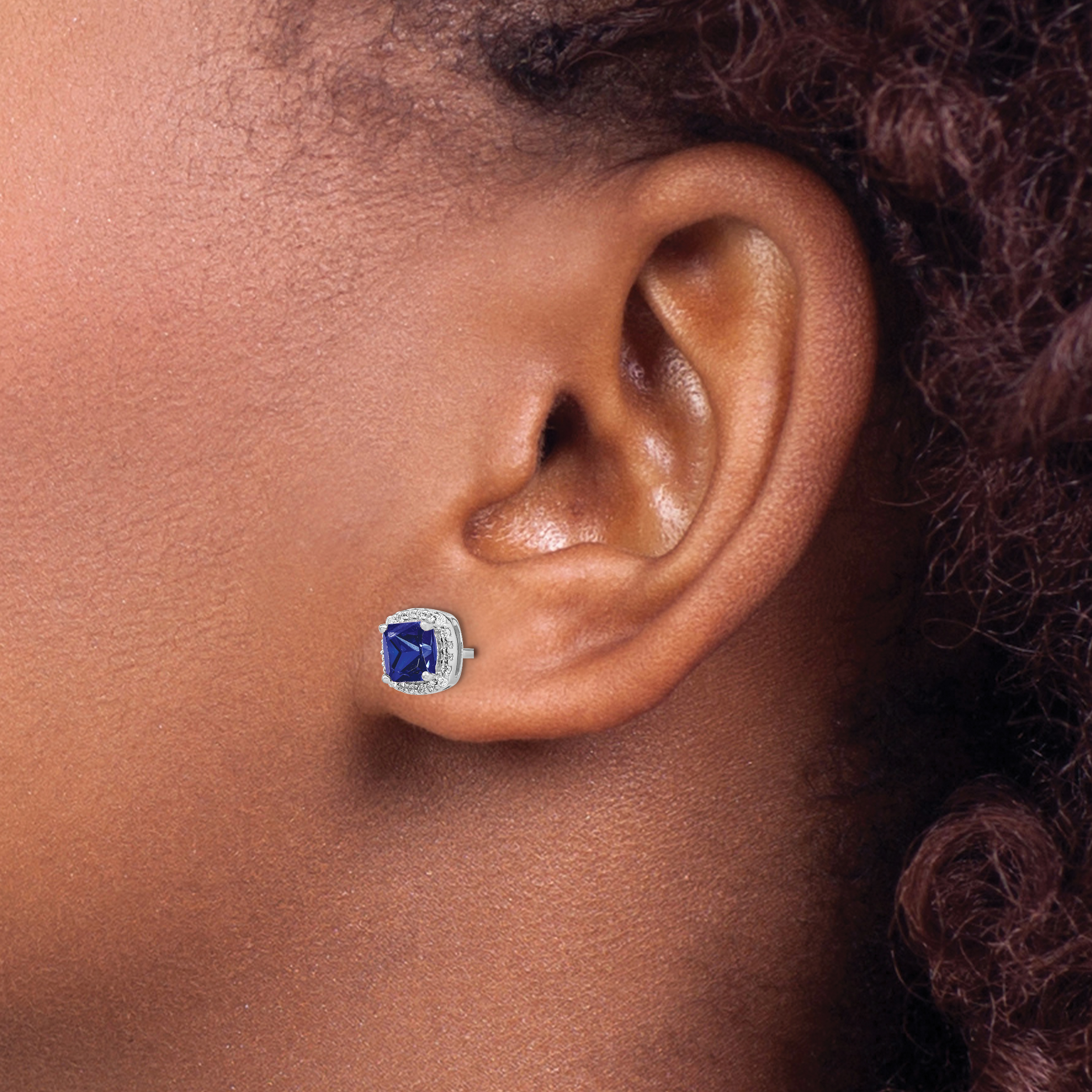 14k White Gold Cushion Sapphire and Diamond Halo Earrings (1.6 grams)