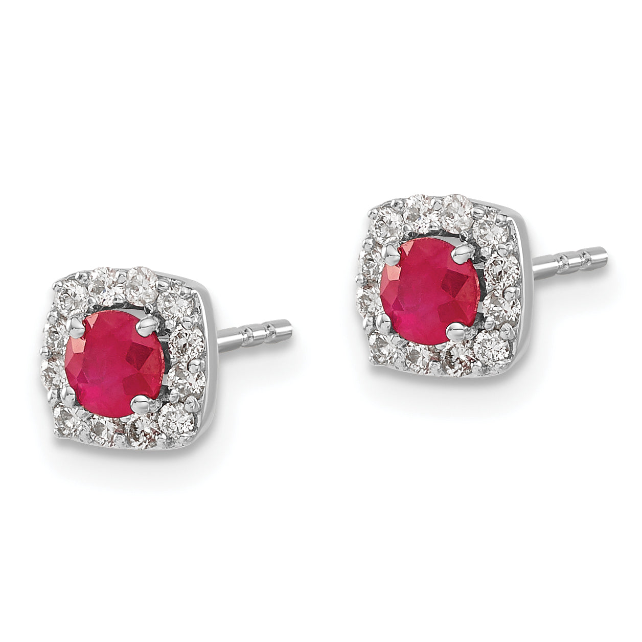 14k White Gold Diamond and Ruby Square Halo Earrings (1.2 grams)