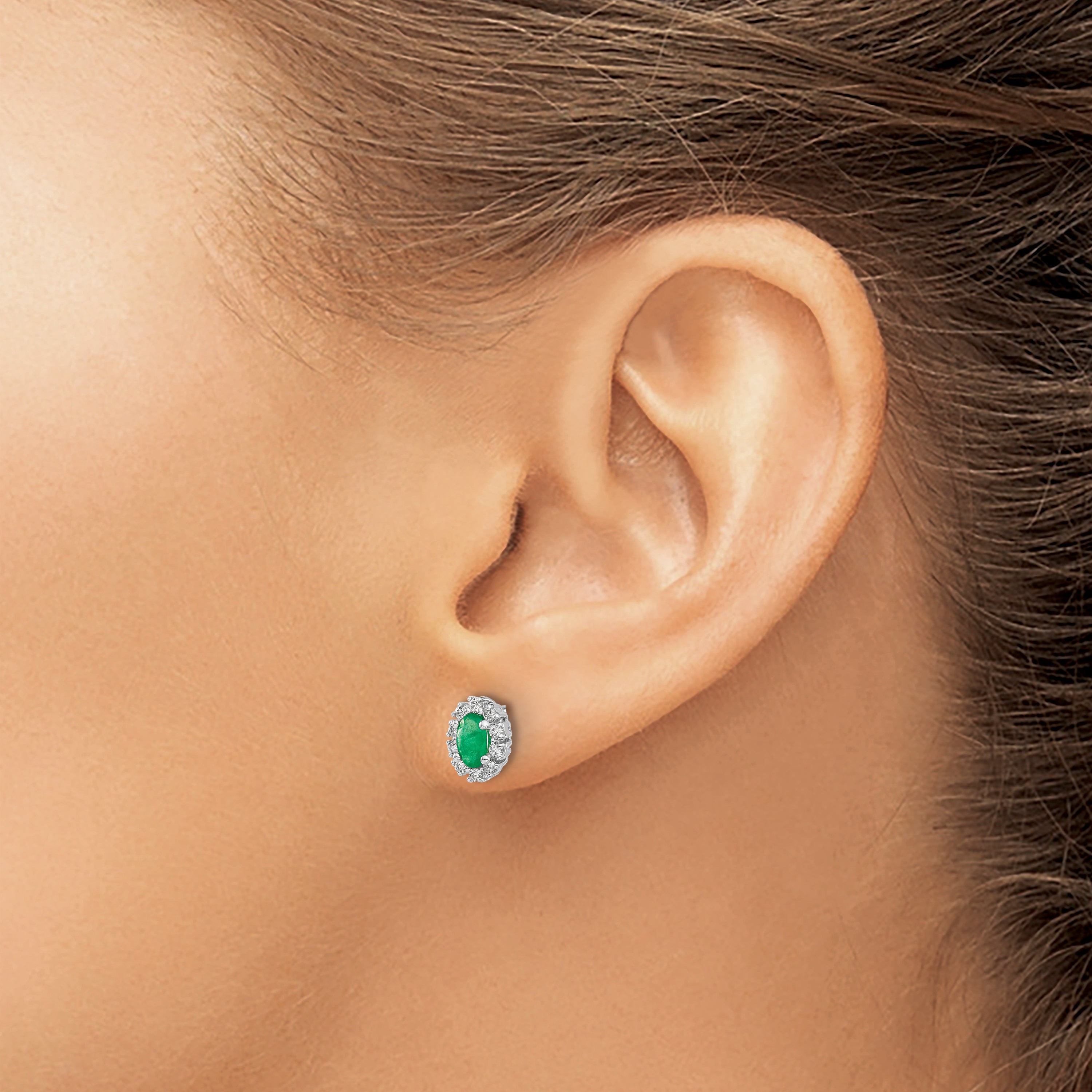 14k White Gold 1/5Ct Diamond and Emerald Oval Halo Earrings (1.12 grams)