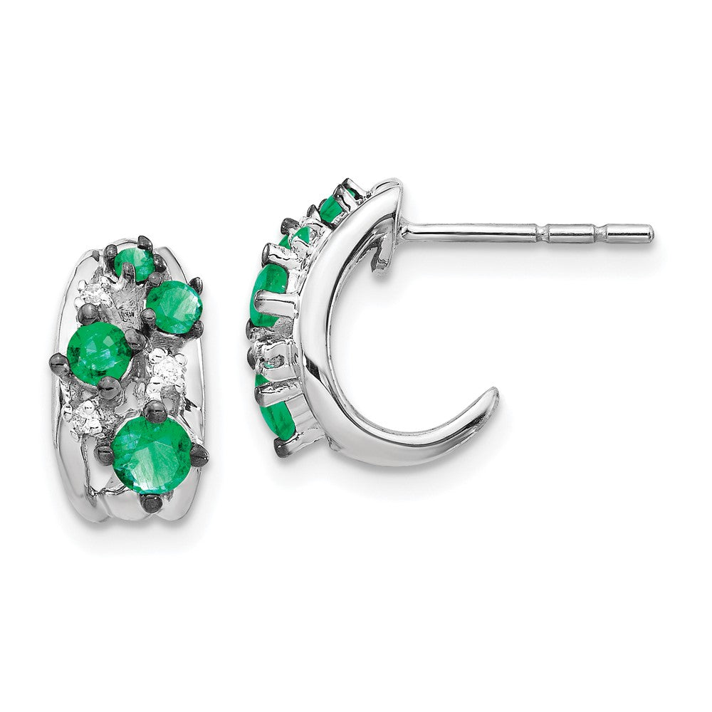 14k White Gold Diamond and Emerald Polished Post Hoop Earrings (2.7 grams)
