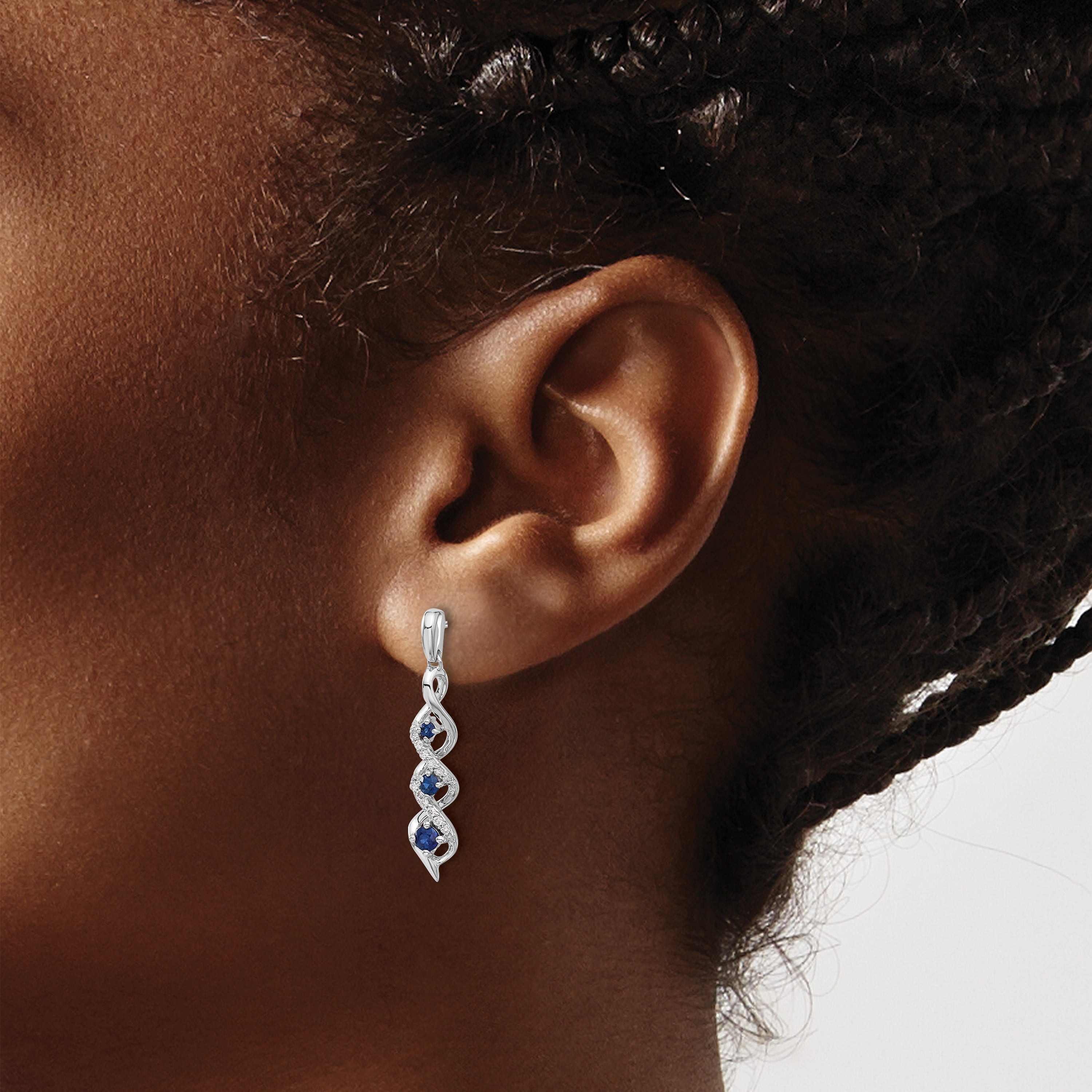 14k White Gold Diamond and Blue Sapphire Post Dangle Earrings (2.97 grams)