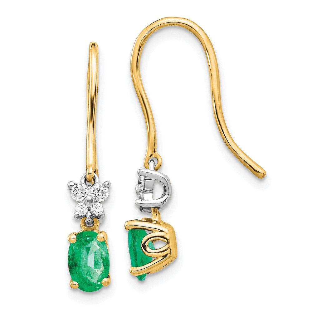 14k Two-tone 1/8ct Diamond and Oval Emerald Shepherd Hook Earrings (1.55 grams)