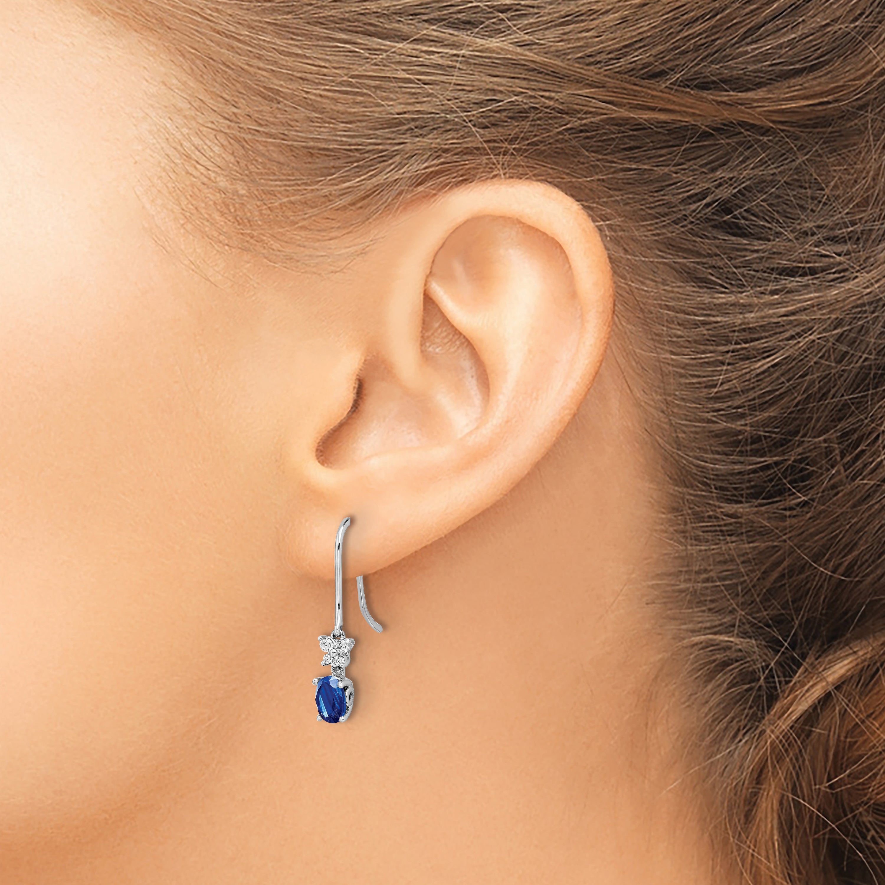 14k White Gold Diamond and Oval Sapphire Shepherd Hook Earrings (1.55 grams)