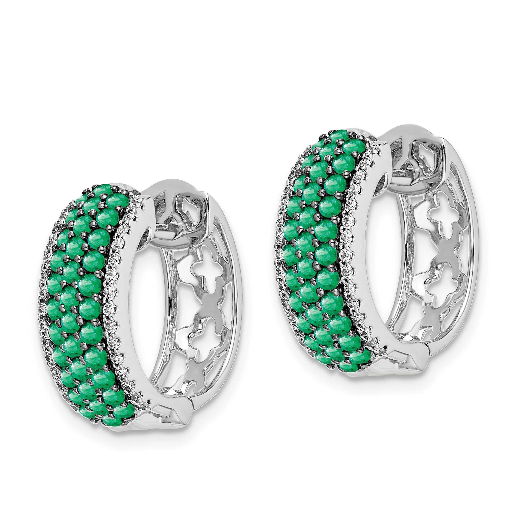 14k White Gold Diamond and Emerald Hinged Hoop Earrings (4.75 grams)