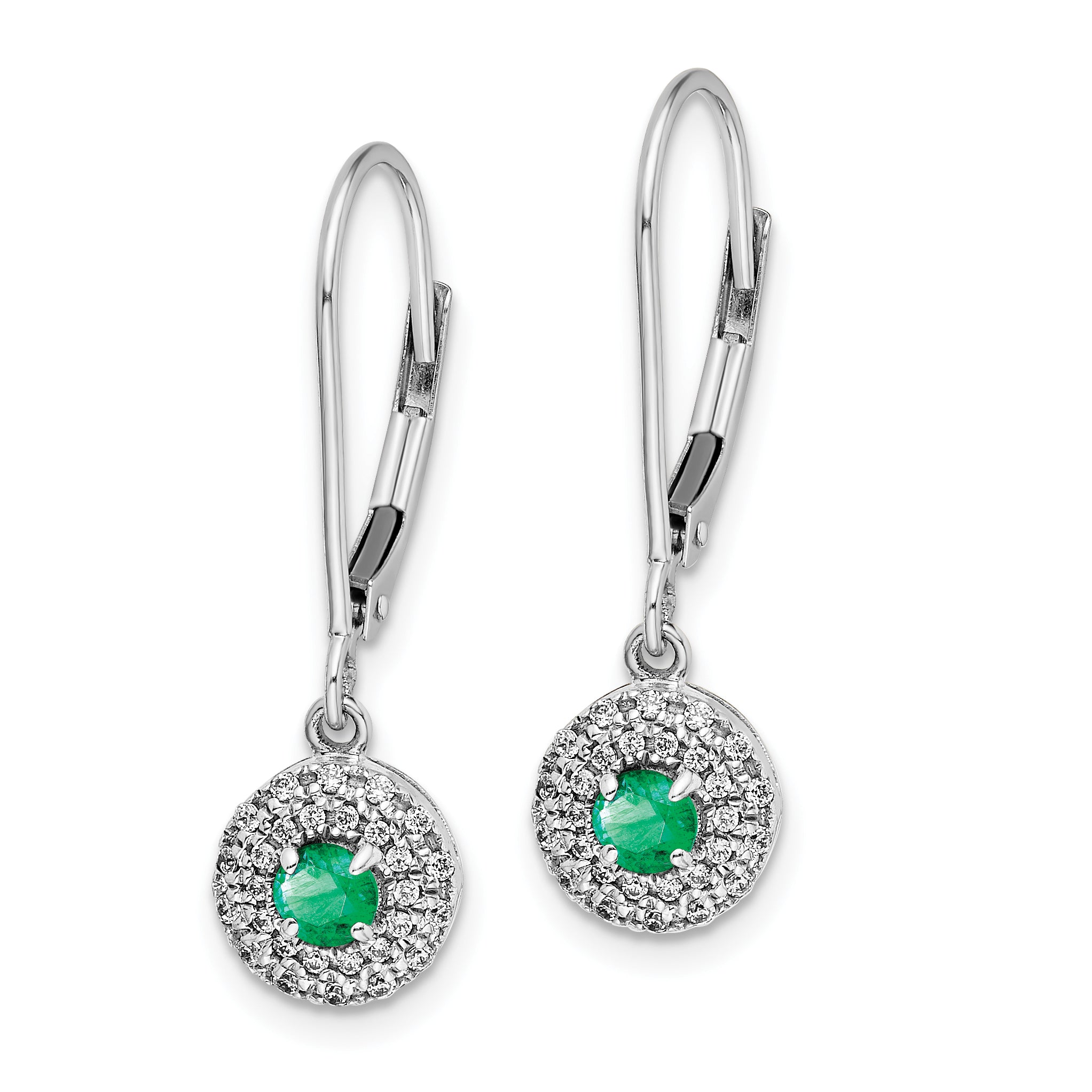 14k White Gold Diamond Halo Emerald Leverback Dangle Earrings (1.9 grams)