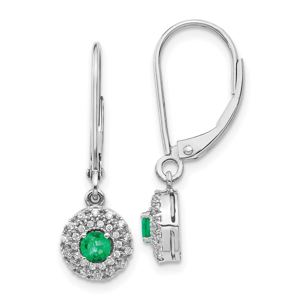 14k White Gold Diamond Halo Emerald Leverback Dangle Earrings (1.9 grams)