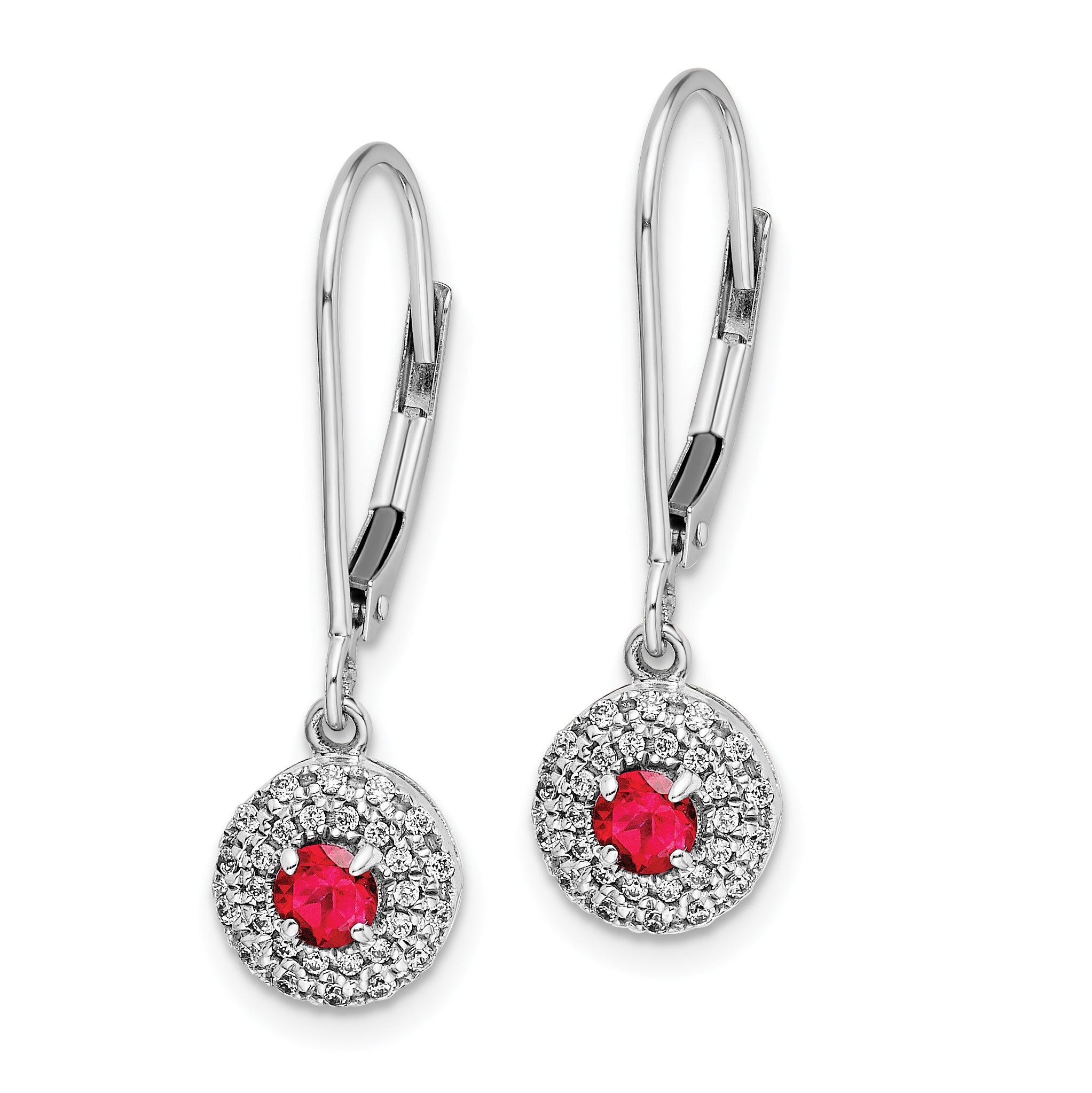 14k White Gold Diamond Halo Ruby Leverback Dangle Earrings (1.9 grams)