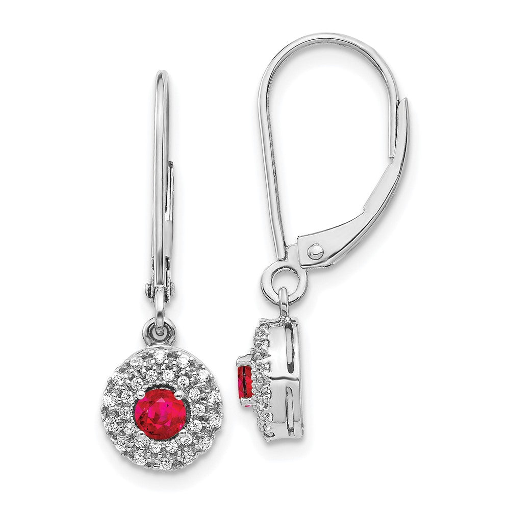 14k White Gold Diamond Halo Ruby Leverback Dangle Earrings (1.9 grams)