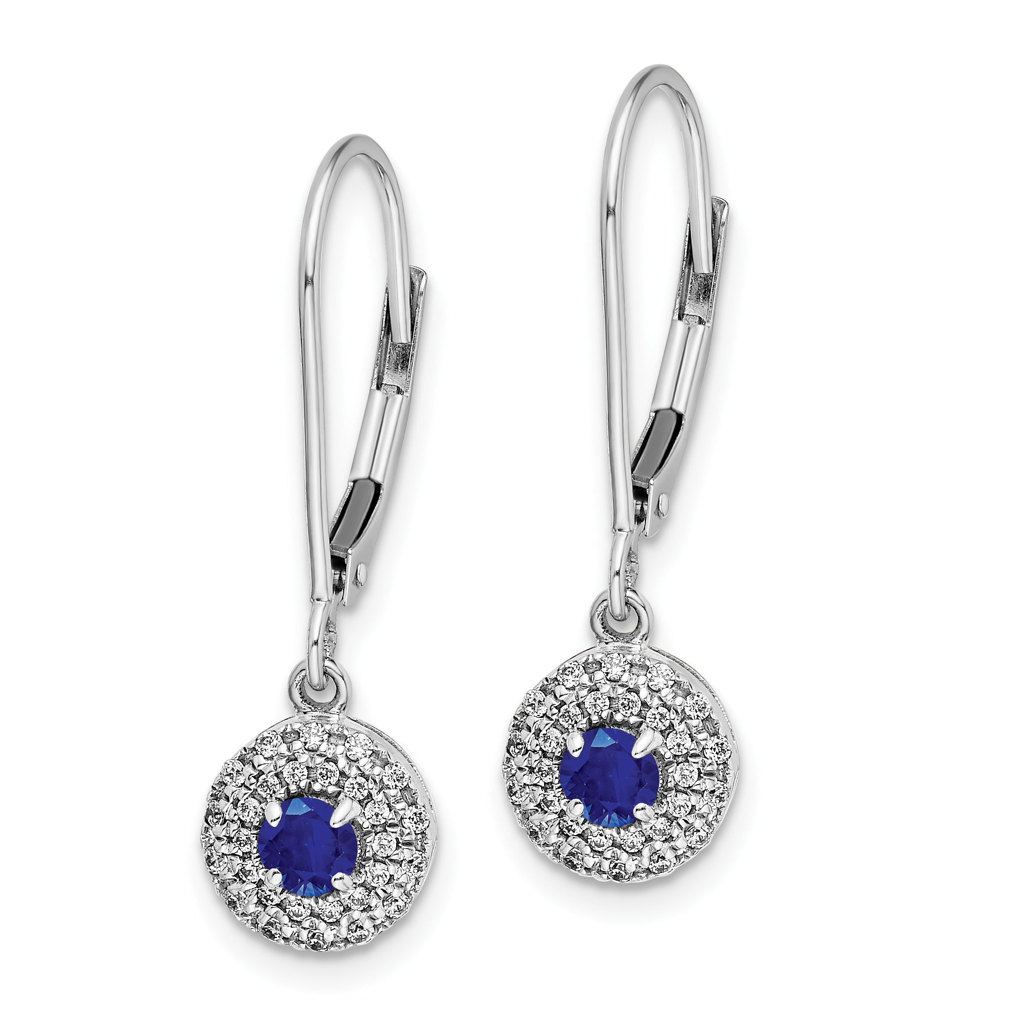 14k White Gold Diamond Halo Sapphire Leverback Dangle Earrings (1.9 grams)