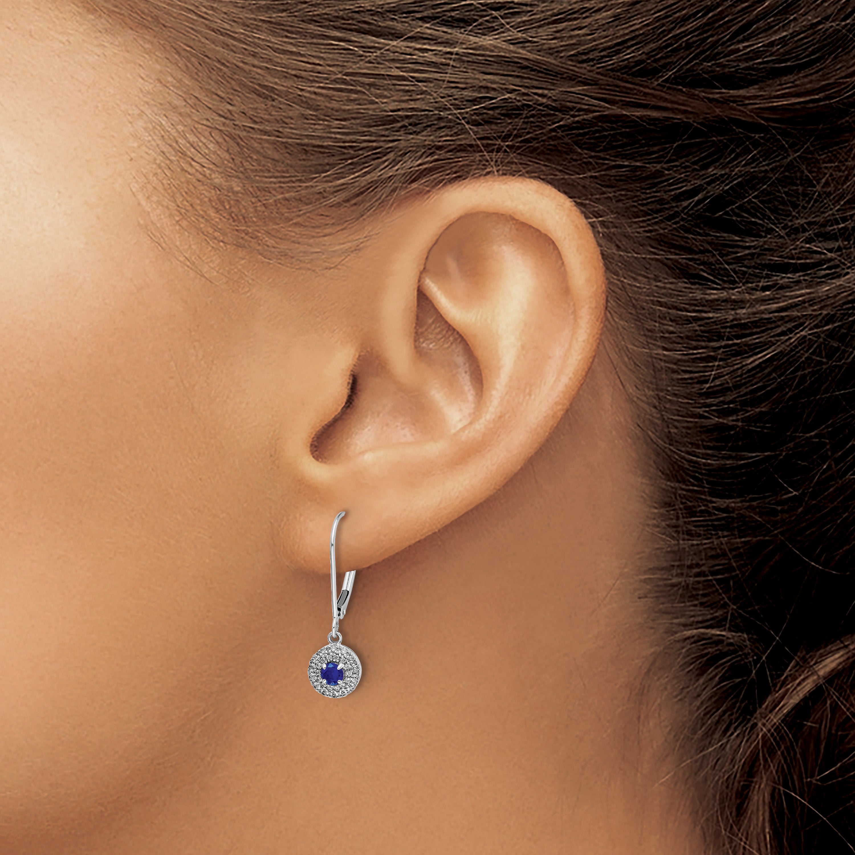 14k White Gold Diamond Halo Sapphire Leverback Dangle Earrings (1.9 grams)