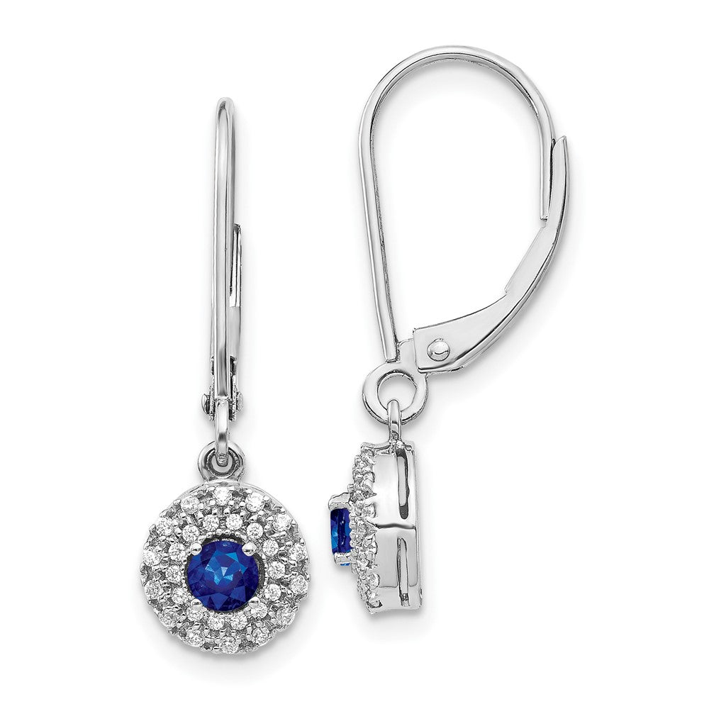 14k White Gold Diamond Halo Sapphire Leverback Dangle Earrings (1.9 grams)
