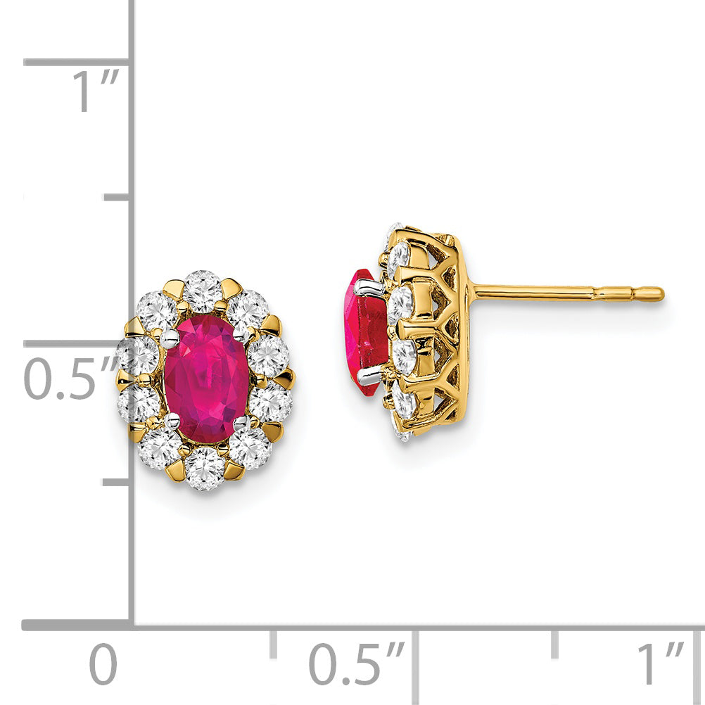 14k Oval Ruby and Diamond Halo Post Earrings (1.98 grams)