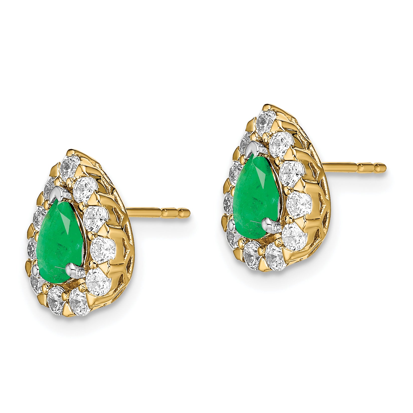 14k Pear Emerald and Diamond Halo Post Earrings (2.36 grams)