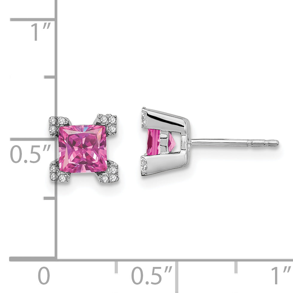 14k White Gold Square Created Pink Sapphire and Diamond Earrings (1.75 grams)